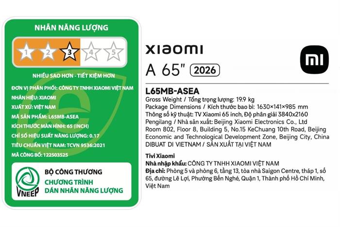 Google Tivi Xiaomi 4K A 65 inch L65MB-ASEA 2026